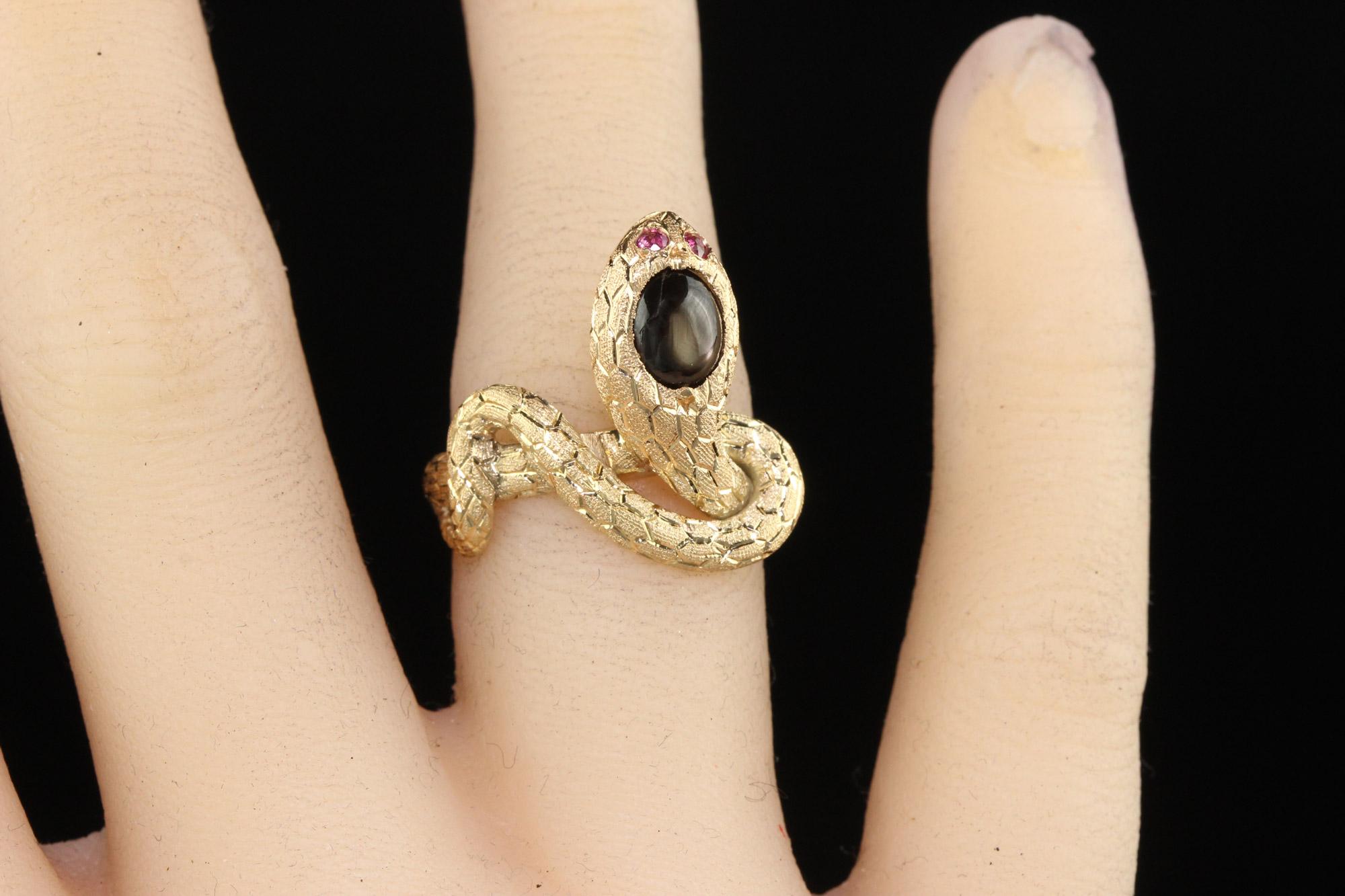 Vintage Estate 18K Yellow Gold Black Star Sapphire and Ruby Snake Ring 1