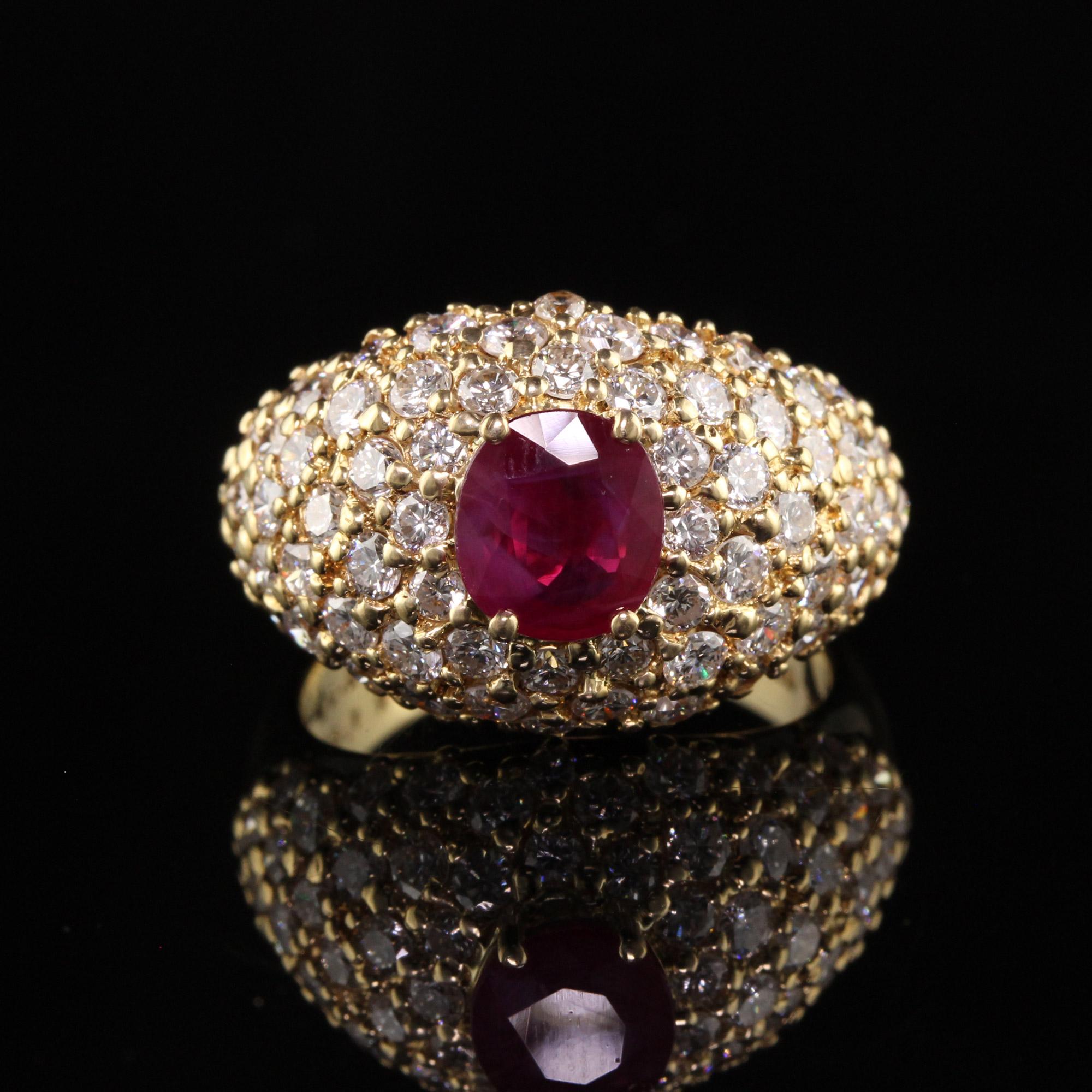 Single Cut Vintage Estate 18K Yellow Gold Burma Ruby and Diamond Ring - GIA For Sale