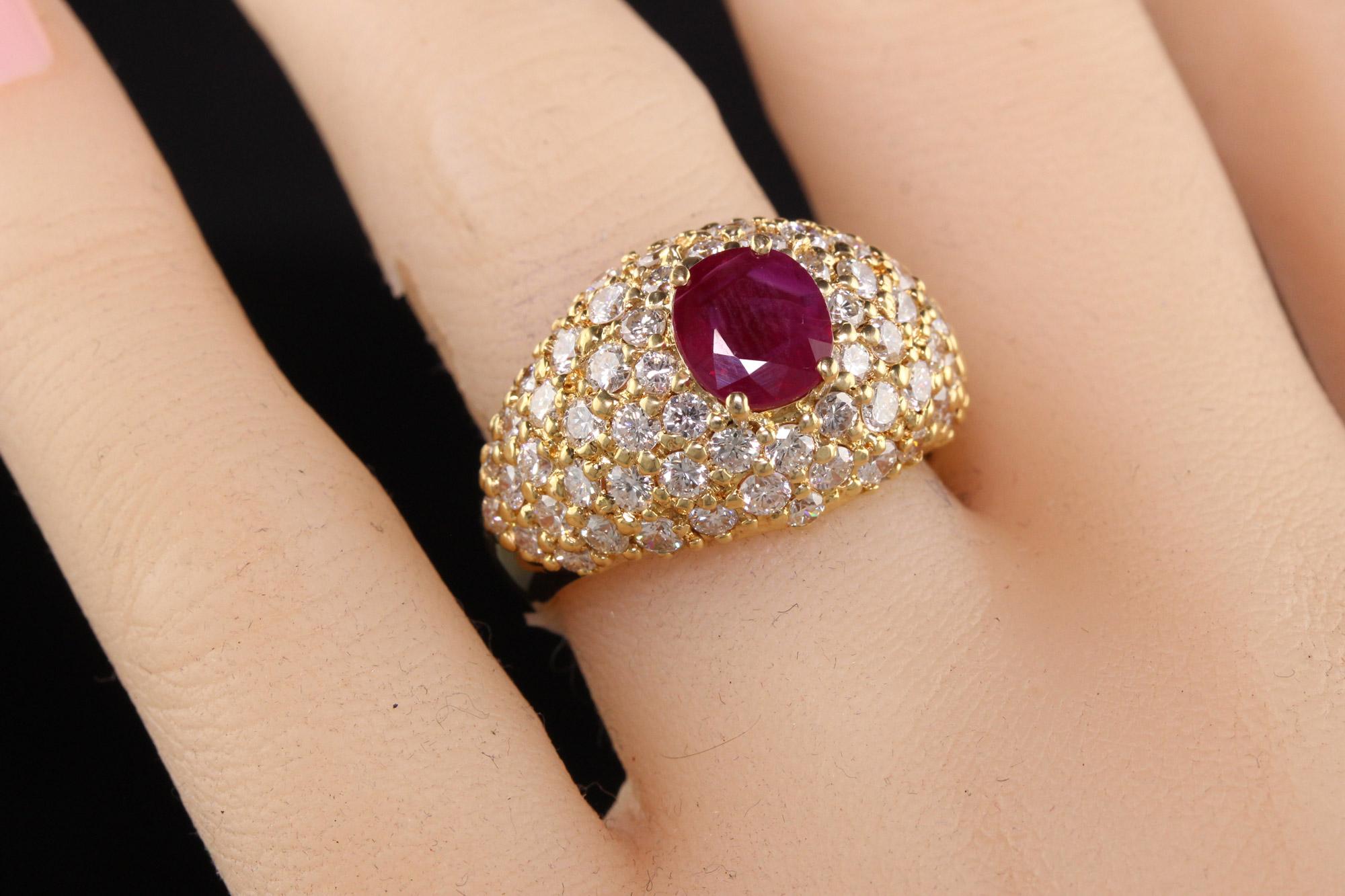 Vintage Estate 18K Yellow Gold Burma Ruby and Diamond Ring - GIA For Sale 1
