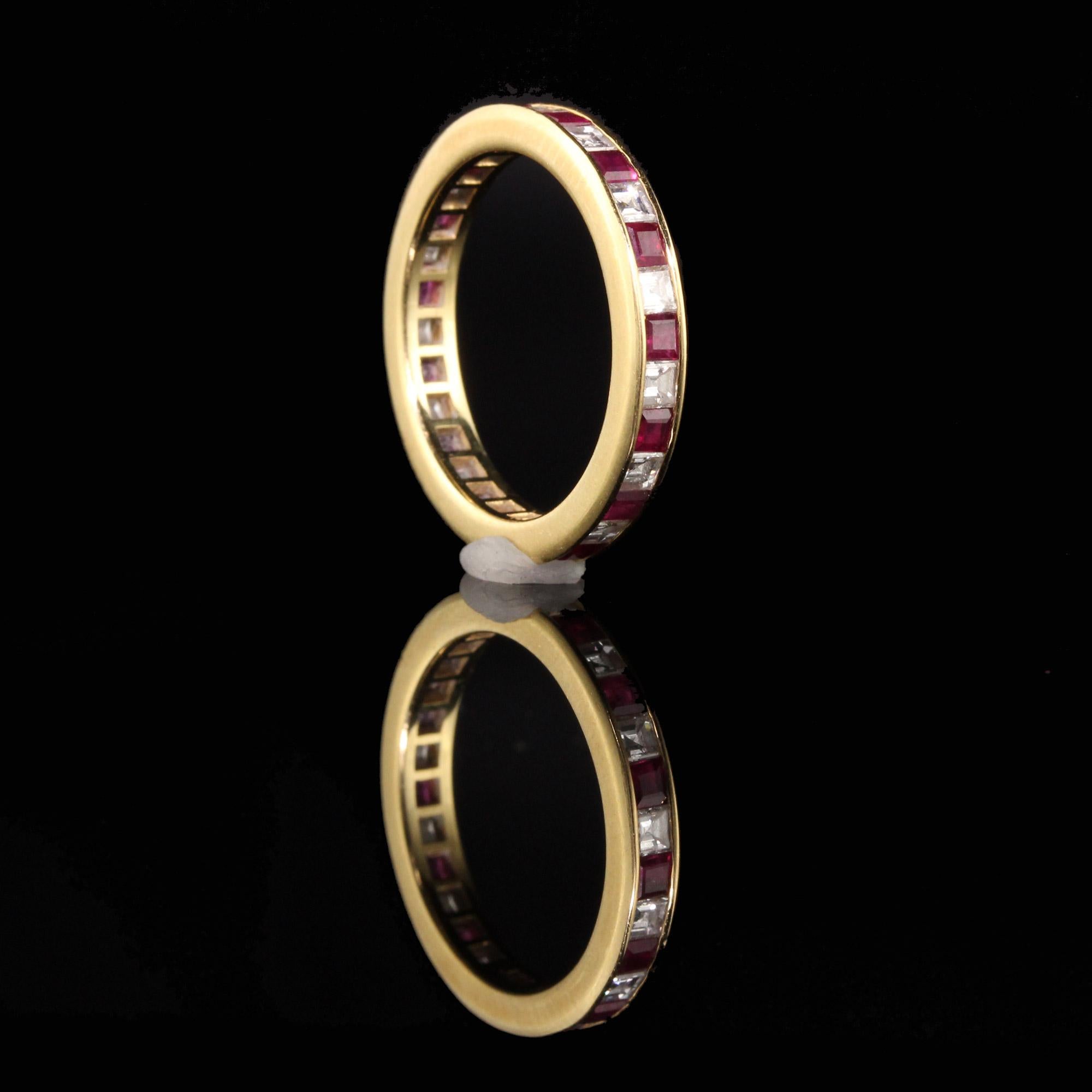 Women's Vintage Estate 18 Karat Yellow Gold Carre Cut Diamond and Ruby Wedding Band For Sale