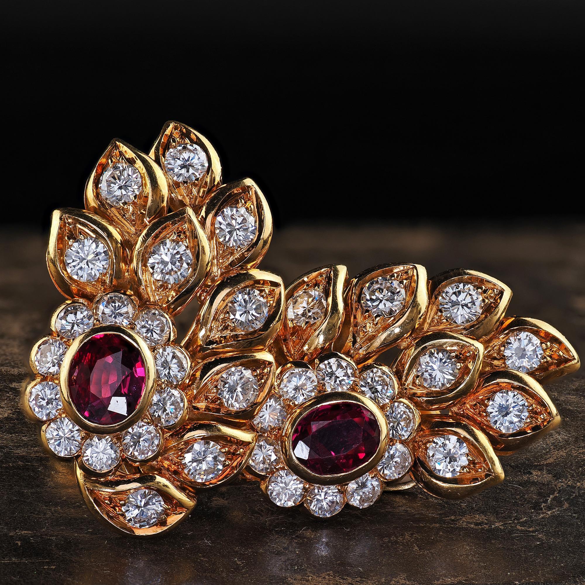 Oval Cut Vintage Estate 18K Yellow Gold Diamond and Ruby Floral Clip On Earrings For Sale