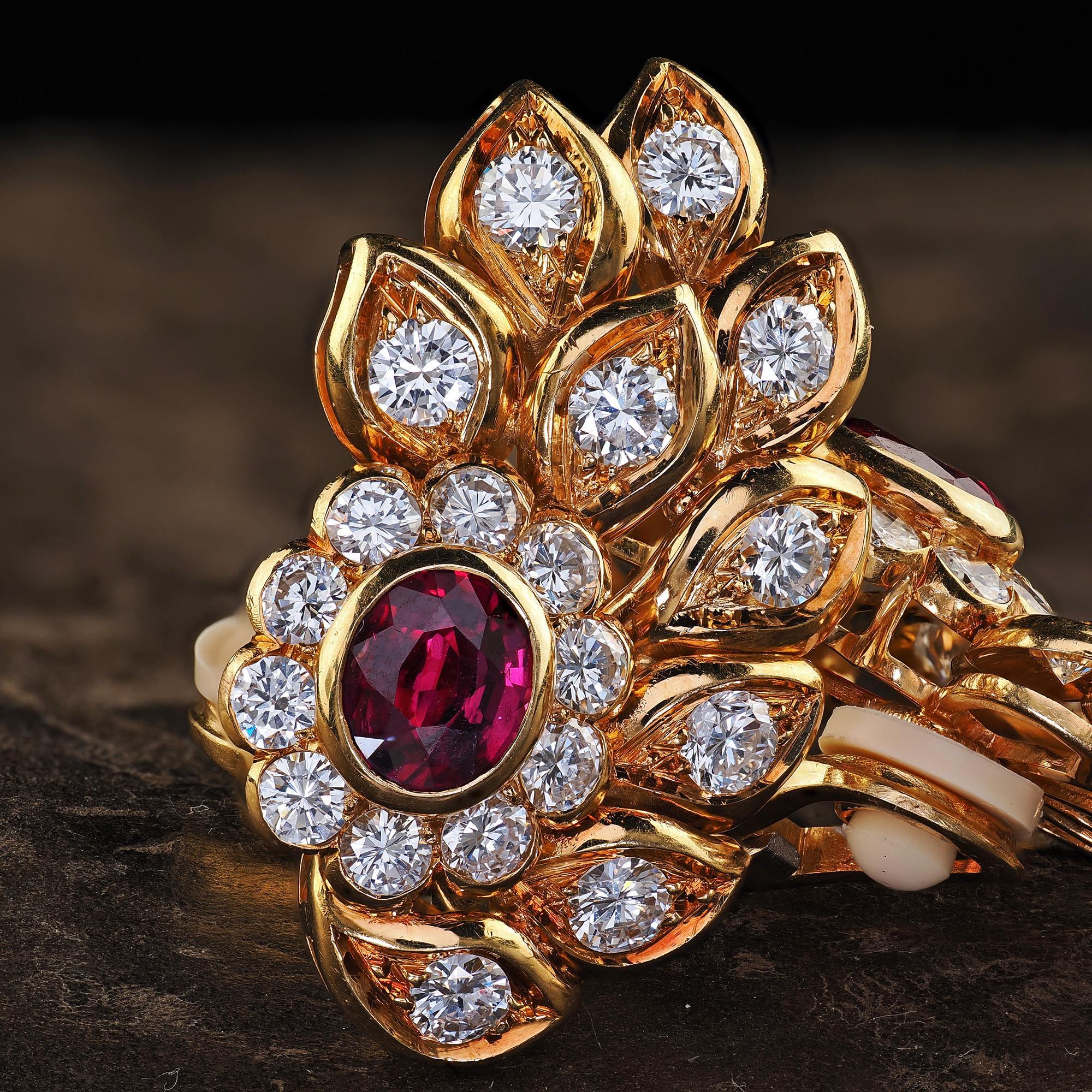 Women's Vintage Estate 18K Yellow Gold Diamond and Ruby Floral Clip On Earrings For Sale