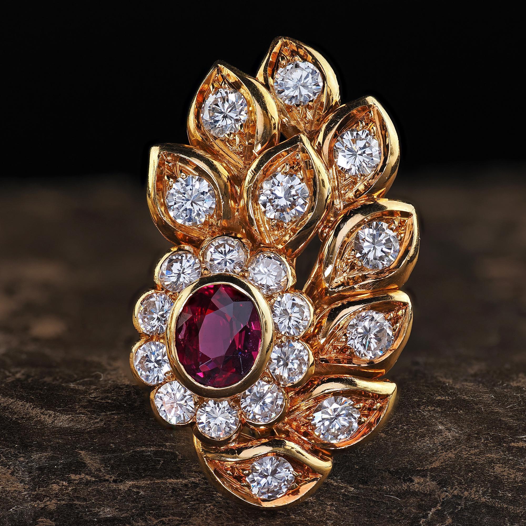 Vintage Estate 18K Yellow Gold Diamond and Ruby Floral Clip On Earrings For Sale 2