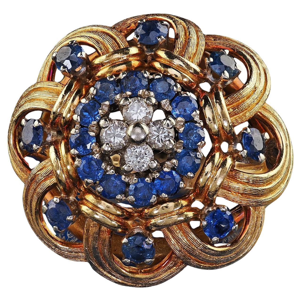 Vintage Estate 18K Yellow Gold Diamond and Sapphire Geometric Cocktail Ring