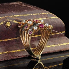 Vintage Estate 18K Yellow Gold Diamond Ruby and Pearl Harem Ring - Size 7 1/2