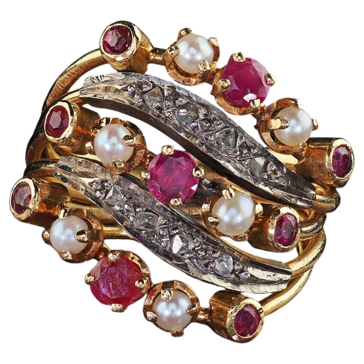 Vintage Estate 18K Yellow Gold Diamond Ruby and Pearl Harem Ring - Size 7 1/2