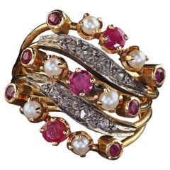 Vintage Estate 18K Yellow Gold Diamond Ruby and Pearl Harem Ring - Size 7 1/2