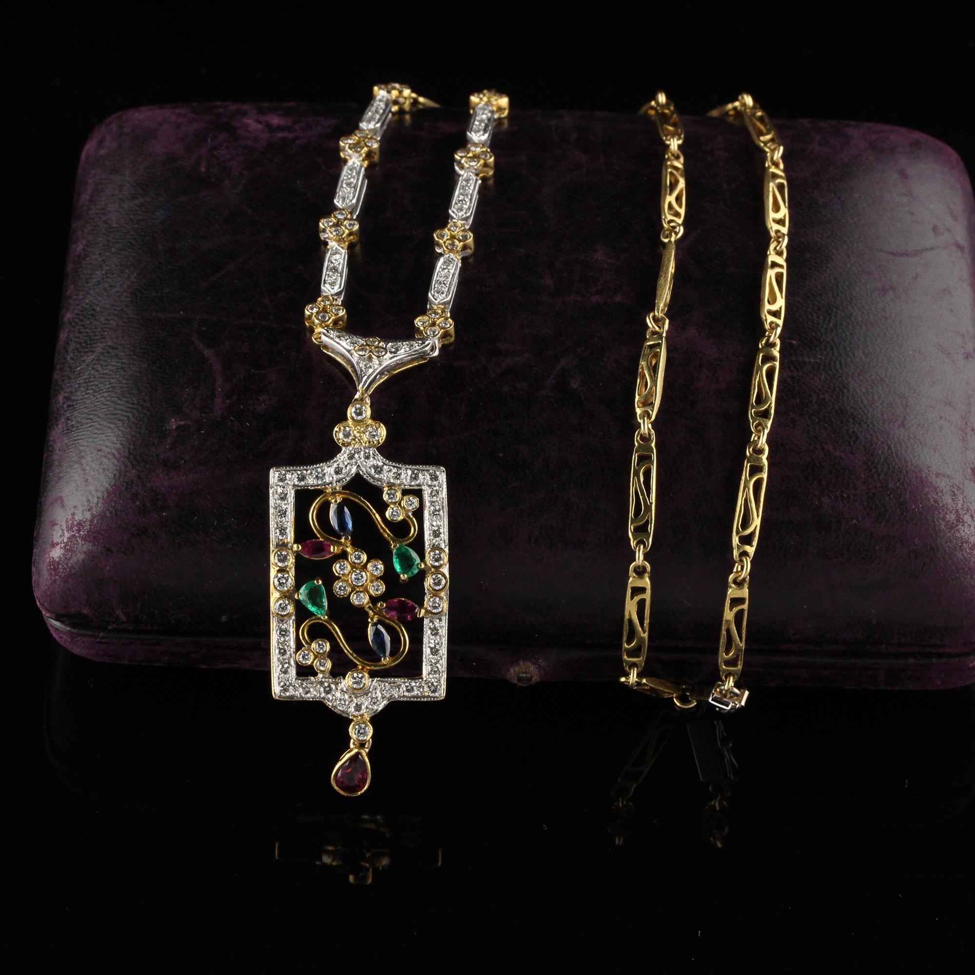 Modern Vintage Estate 18 Karat Yellow Gold Diamond, Ruby, Emerald and Sapphire Necklace