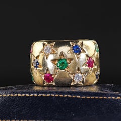 Vintage Estate 18K Yellow Gold Diamond Ruby Emerald Sapphire Star Set Wide Band