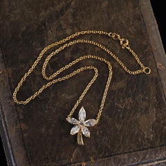 Vintage Estate 18K Yellow Gold Marquise Baguette Diamond Flower Pendant Necklace