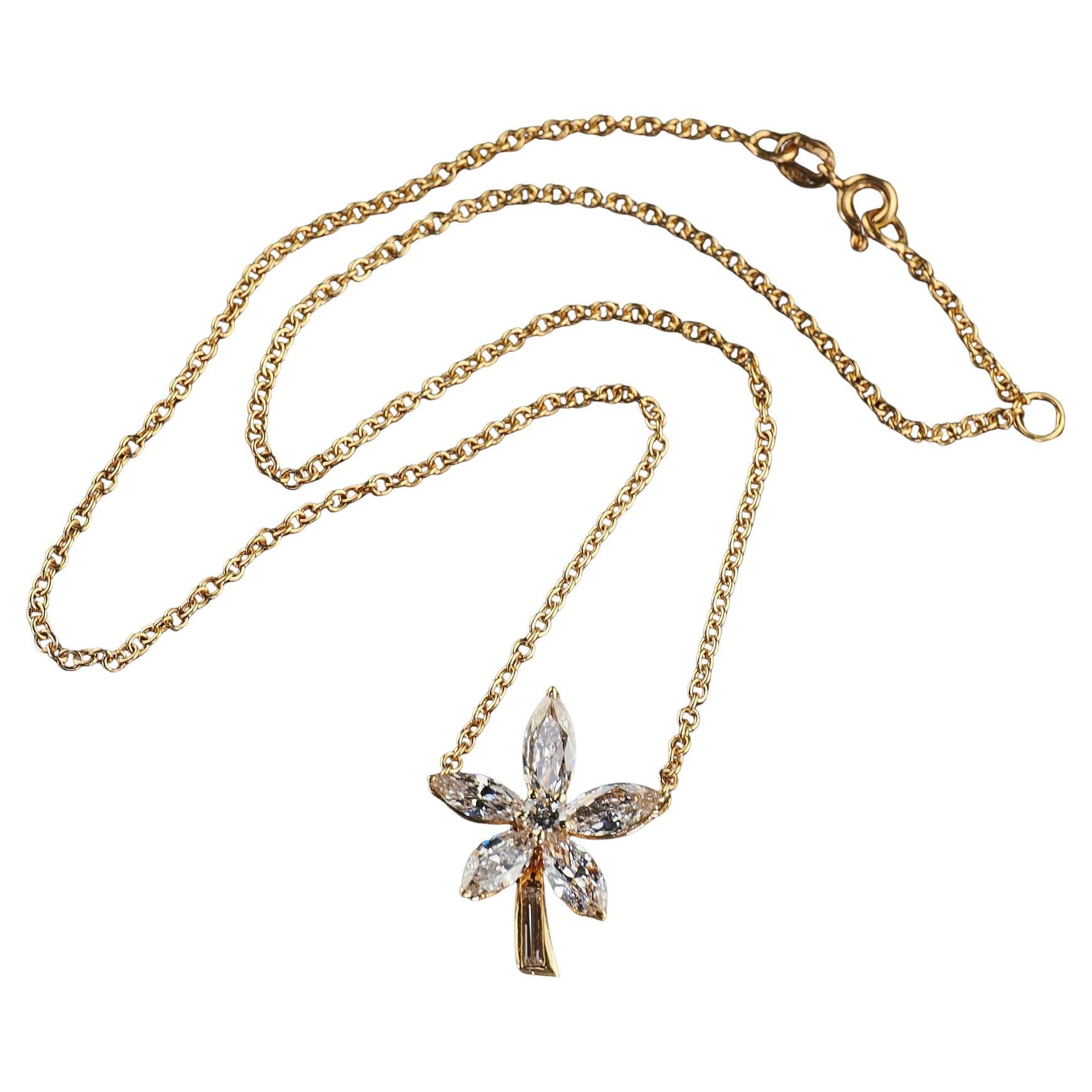 Vintage Estate 18K Yellow Gold Marquise Baguette Diamond Flower Pendant Necklace