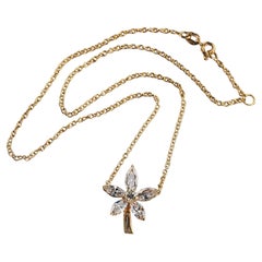 Vintage Estate 18K Yellow Gold Marquise Baguette Diamond Flower Pendant Necklace