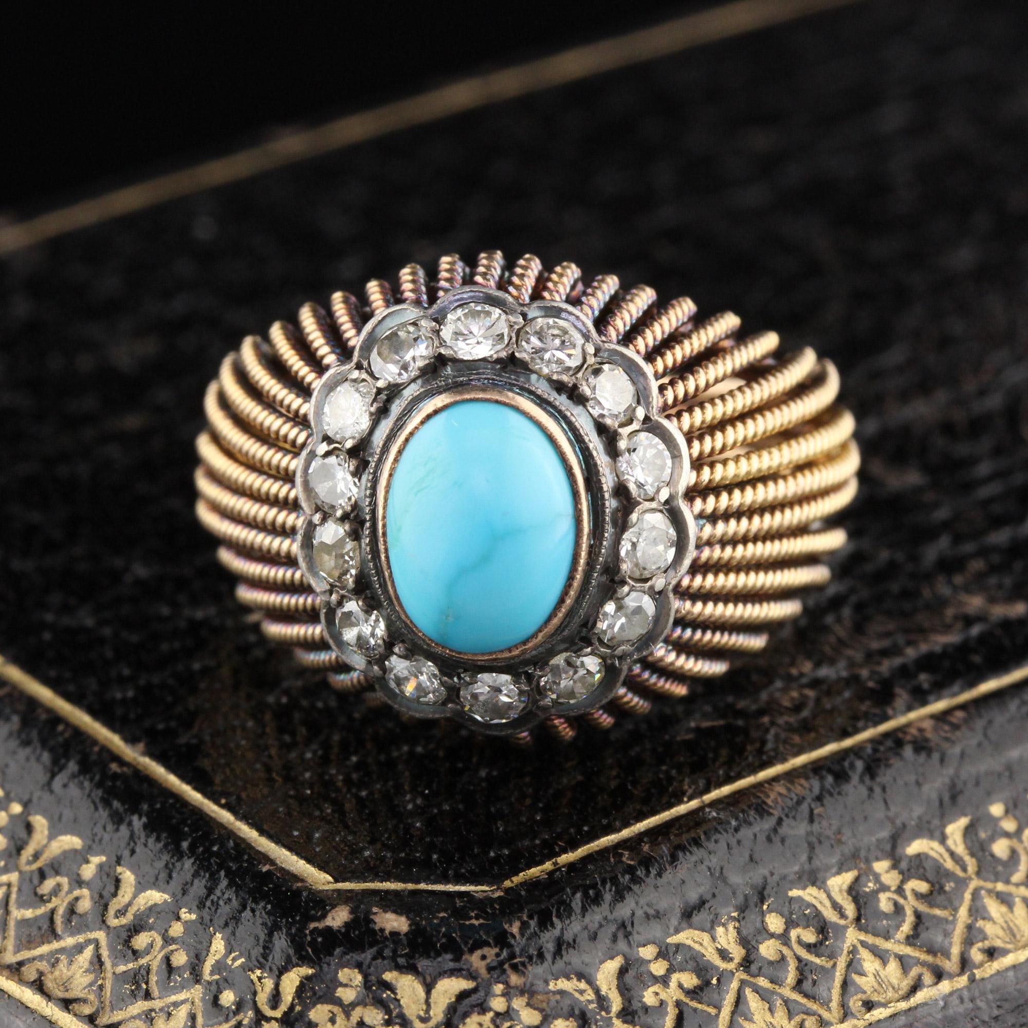 Vintage 18K Yellow Gold cocktail ring with an oval-shaped natural turquoise in the center surrounded by a halo of diamonds. Unique & gorgeous!! 

#R0172

Metal: 18K Yellow Gold and Platinum Top

Weight: 8.7 Grams

Total Diamond Weight: Approximately