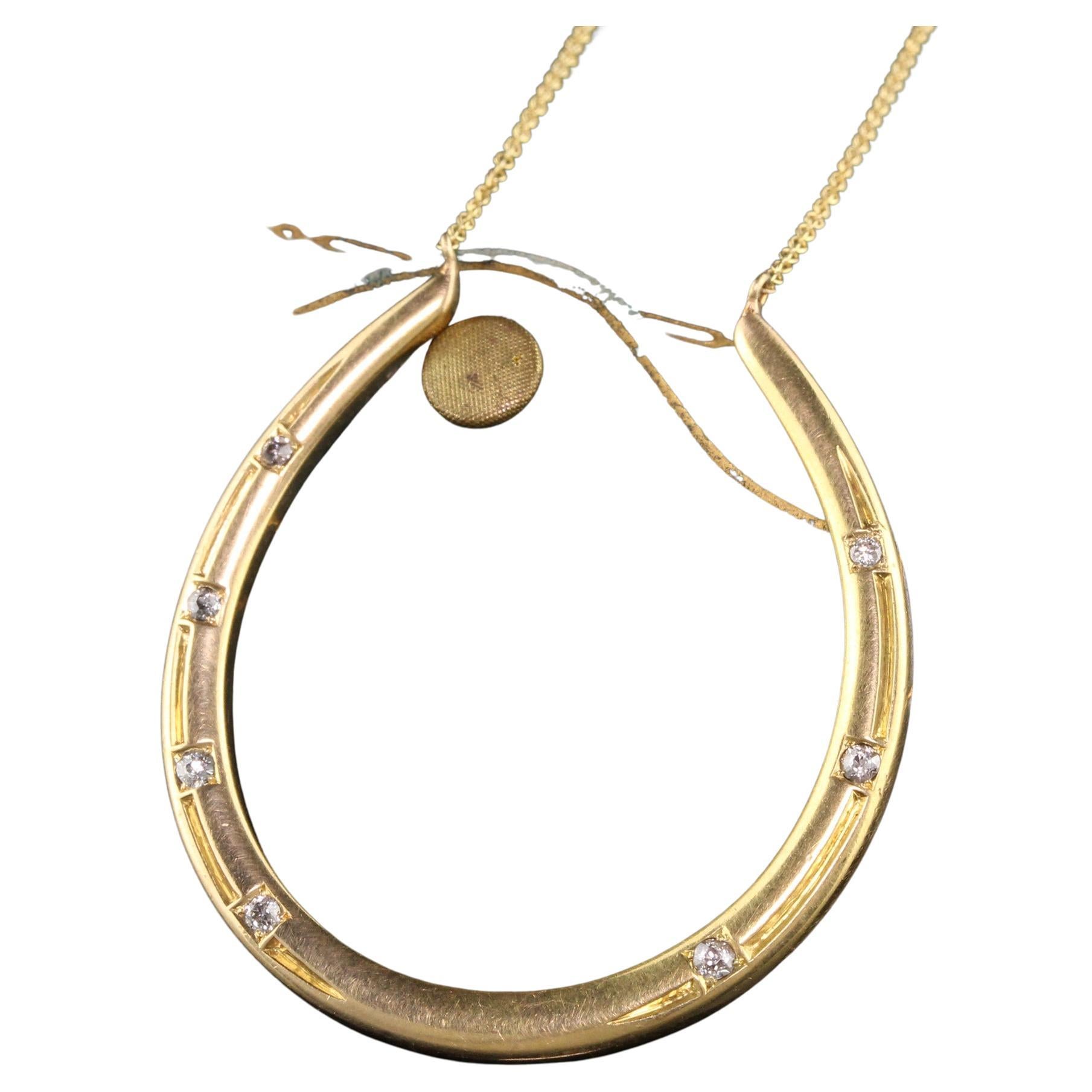 Vintage Estate 18K Yellow Gold Old Mine Diamond Horseshoe Pendant
