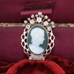 Vintage Estate 18 Karat Yellow Gold, Platinum and Diamond Cameo Brooch