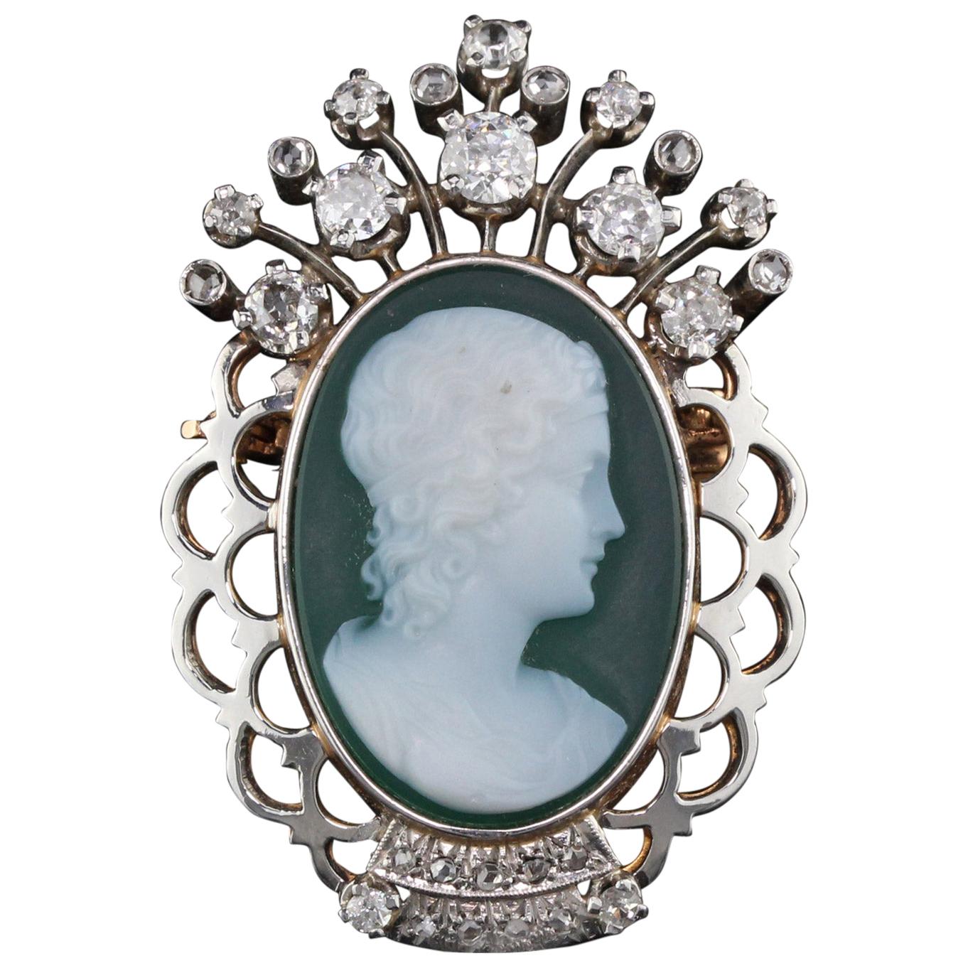 Vintage Estate 18 Karat Yellow Gold, Platinum and Diamond Cameo Brooch