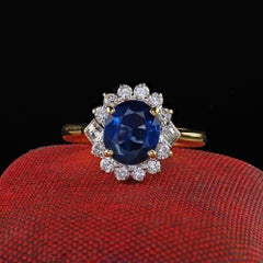 Vintage Estate 18K Yellow Gold Sapphire and Diamond Halo Engagement Ring - GIA