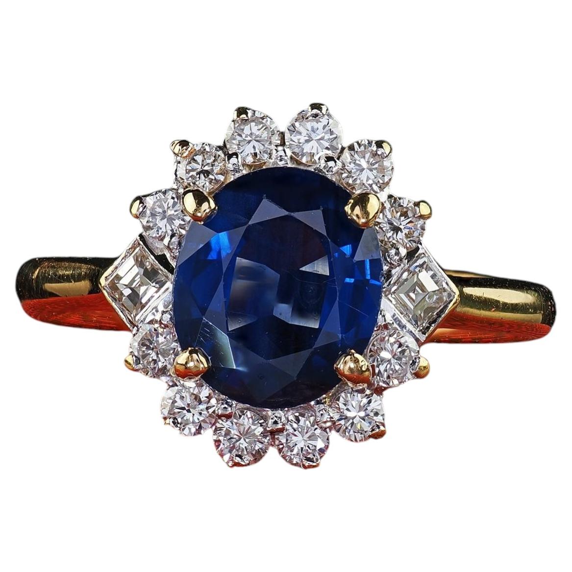 Vintage Estate 18K Yellow Gold Sapphire and Diamond Halo Engagement Ring - GIA