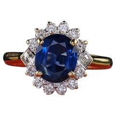 Anello di fidanzamento vintage in oro giallo 18 carati con zaffiro e diamanti a corona - GIA