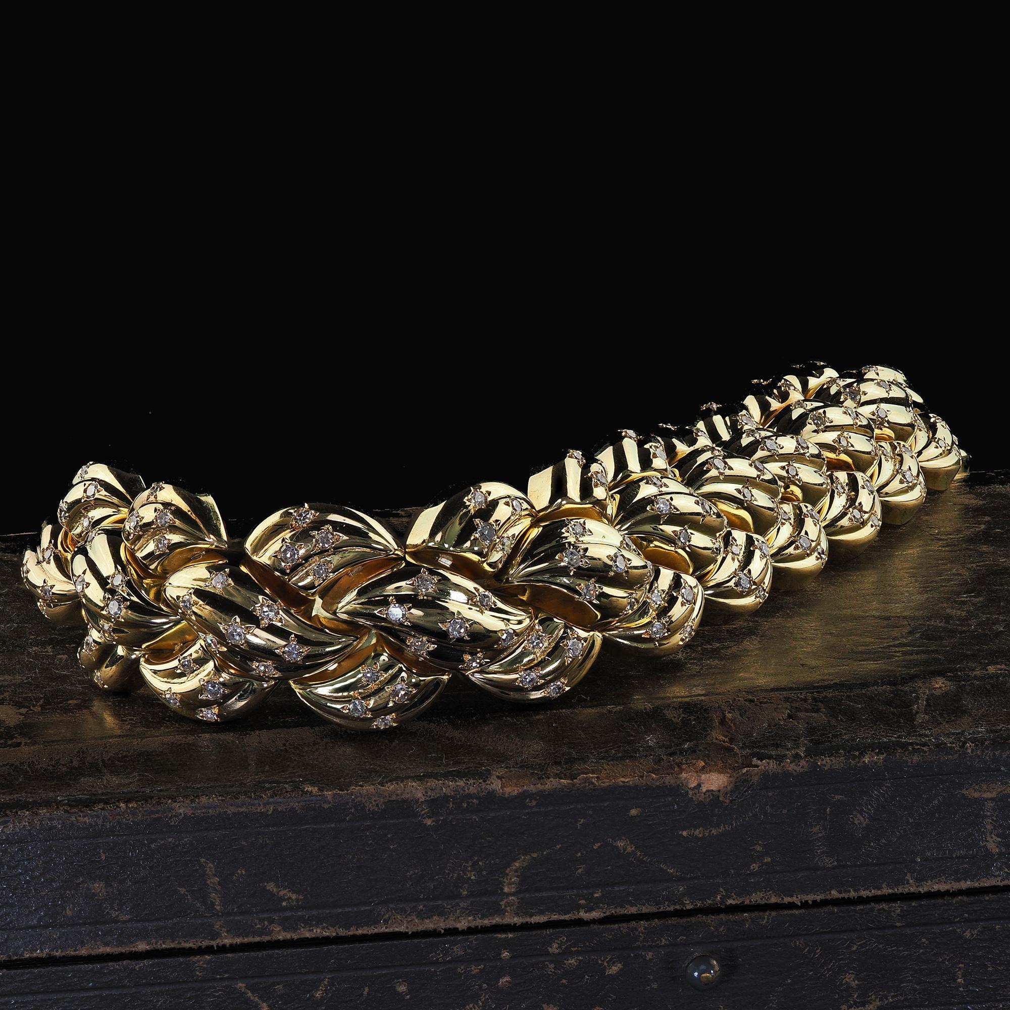 Vintage Estate 18K Yellow Gold Single Cut Diamond Star Set Weave Bracelet For Sale 6