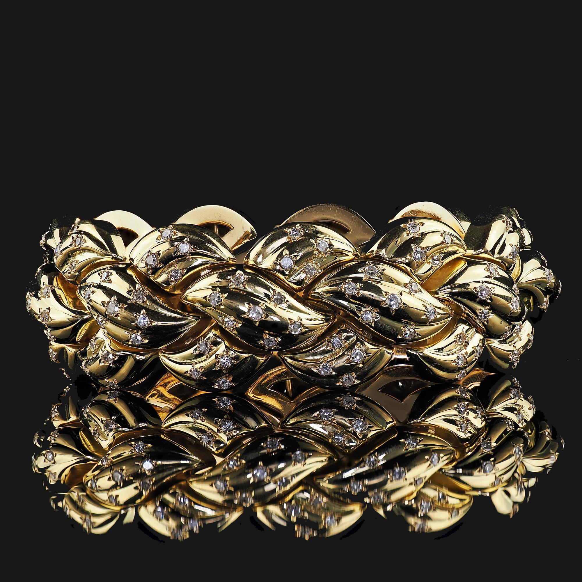 Vintage Estate 18K Yellow Gold Single Cut Diamond Star Set Weave Bracelet For Sale 7