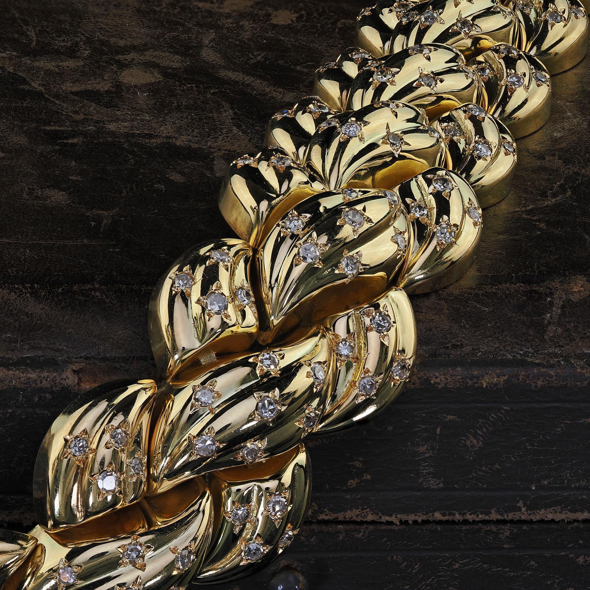 Contemporary Vintage Estate 18K Yellow Gold Single Cut Diamond Star Set Weave Bracelet For Sale