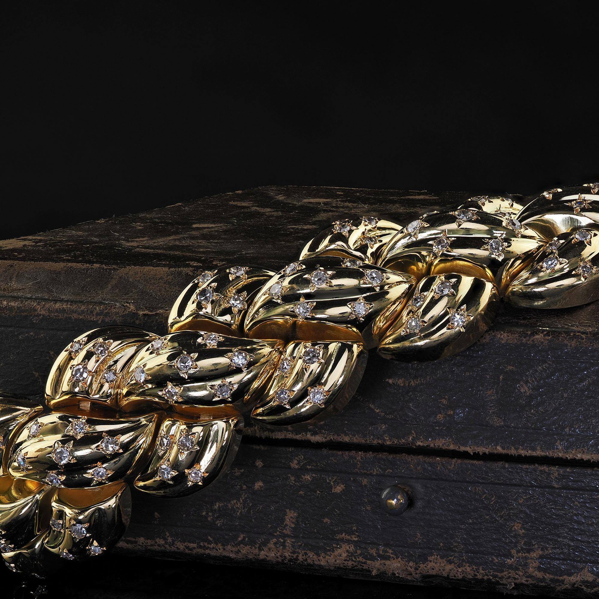 Women's Vintage Estate 18K Yellow Gold Single Cut Diamond Star Set Weave Bracelet For Sale