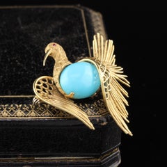 Vintage Estate 18 Karat Yellow Gold and Turquoise Swan Brooch