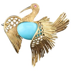 Vintage Estate 18 Karat Yellow Gold and Turquoise Swan Brooch