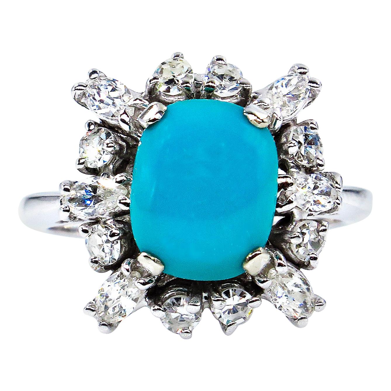 Vintage Estate 3.08 Carat Natural Turquoise Diamond Cluster Platinum Ring