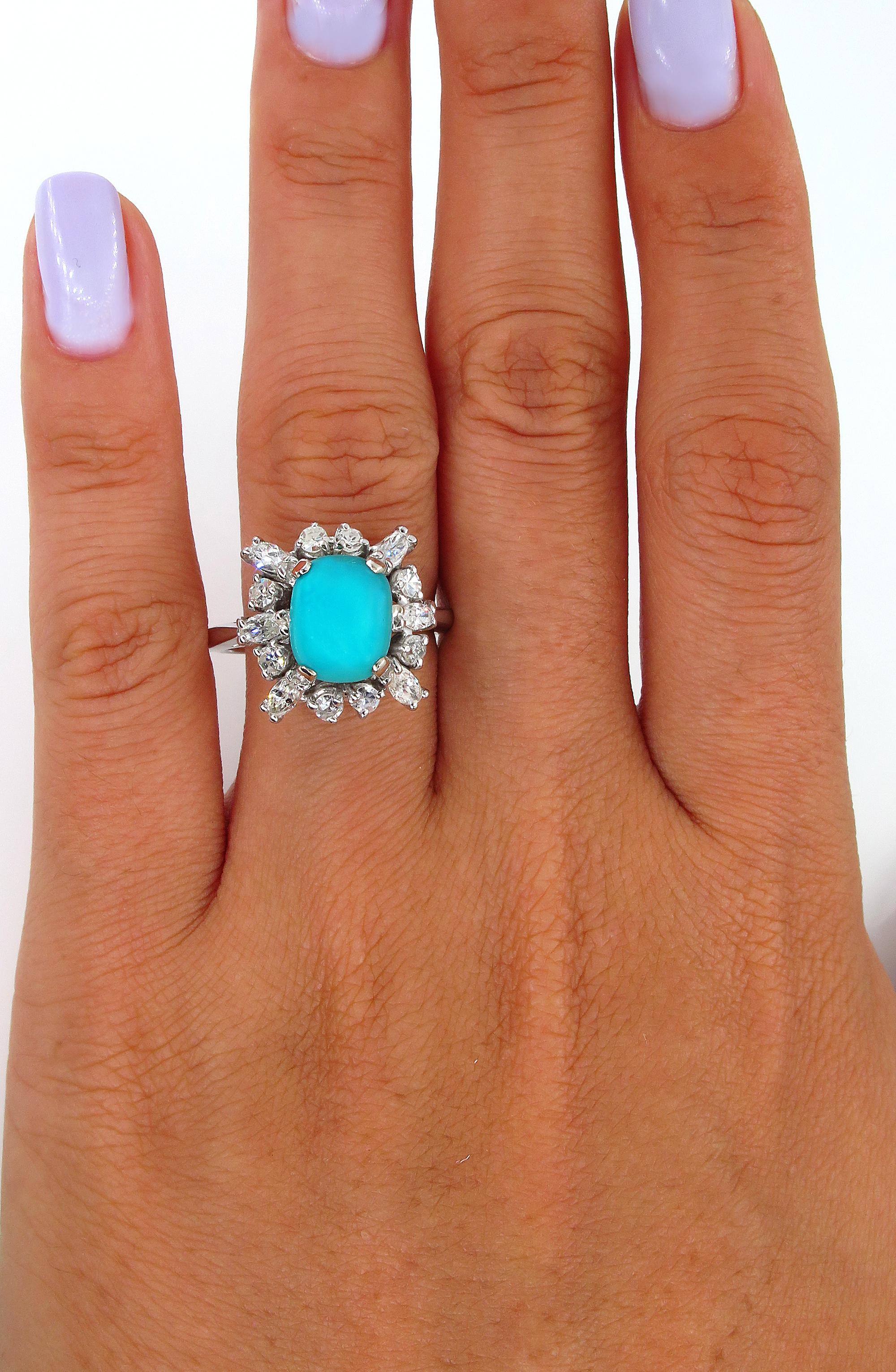 Vintage Estate 3.08 Carat Natural Turquoise Diamond Cluster Platinum Ring 5