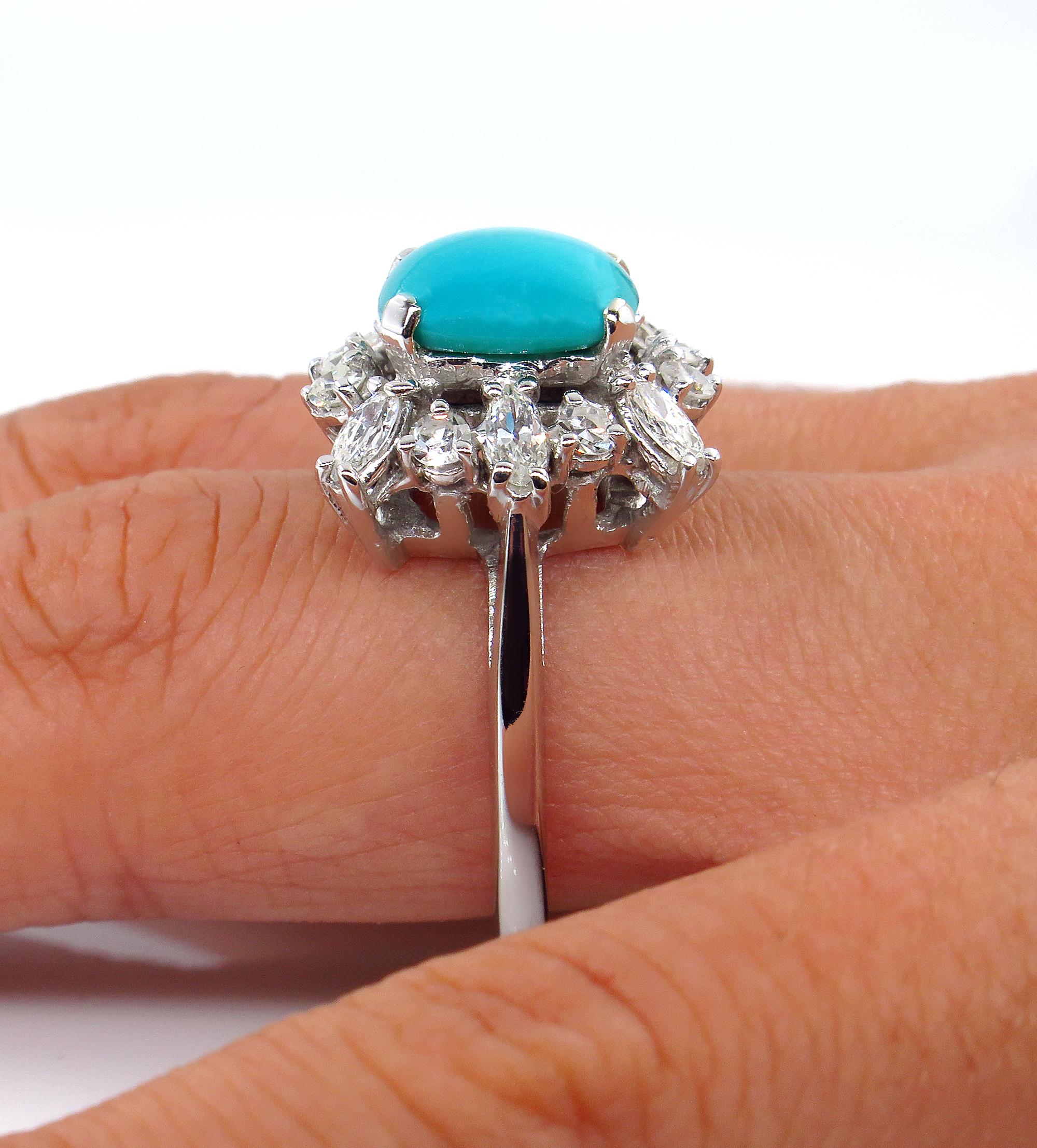 Vintage Estate 3.08 Carat Natural Turquoise Diamond Cluster Platinum Ring 6