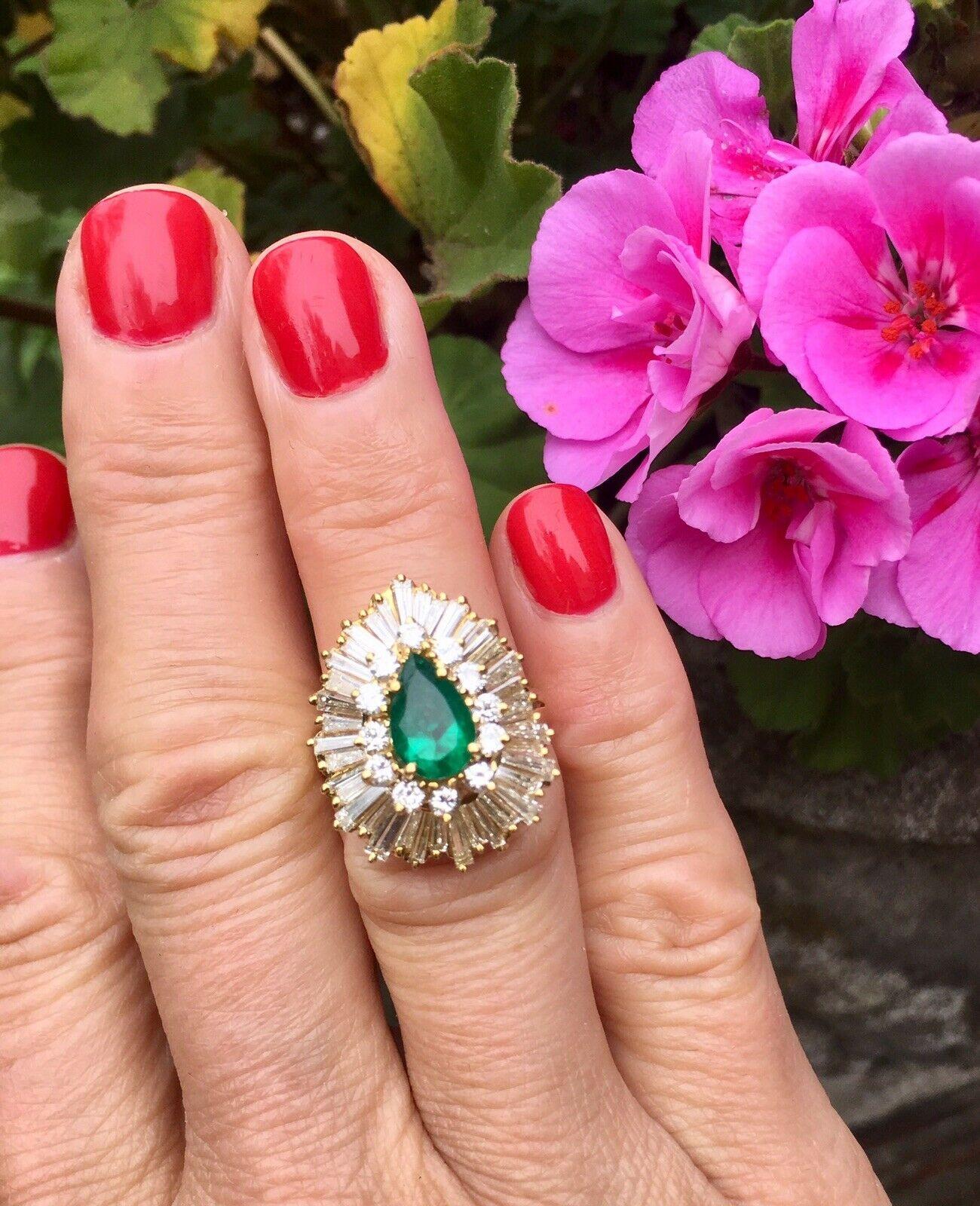 Vintage Estate 3.44 Carat Diamond Halo Emerald Ballerina Cocktail Ring For Sale 4
