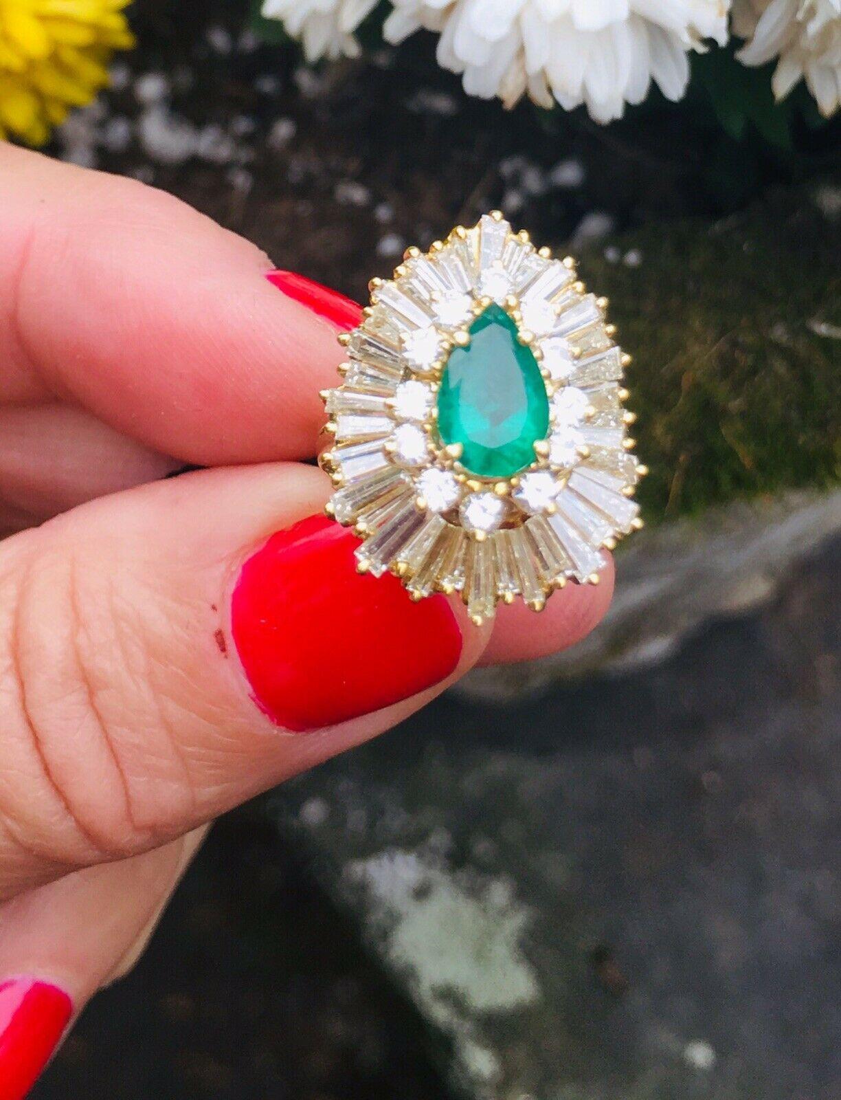 Baguette Cut Vintage Estate 3.44 Carat Diamond Halo Emerald Ballerina Cocktail Ring For Sale