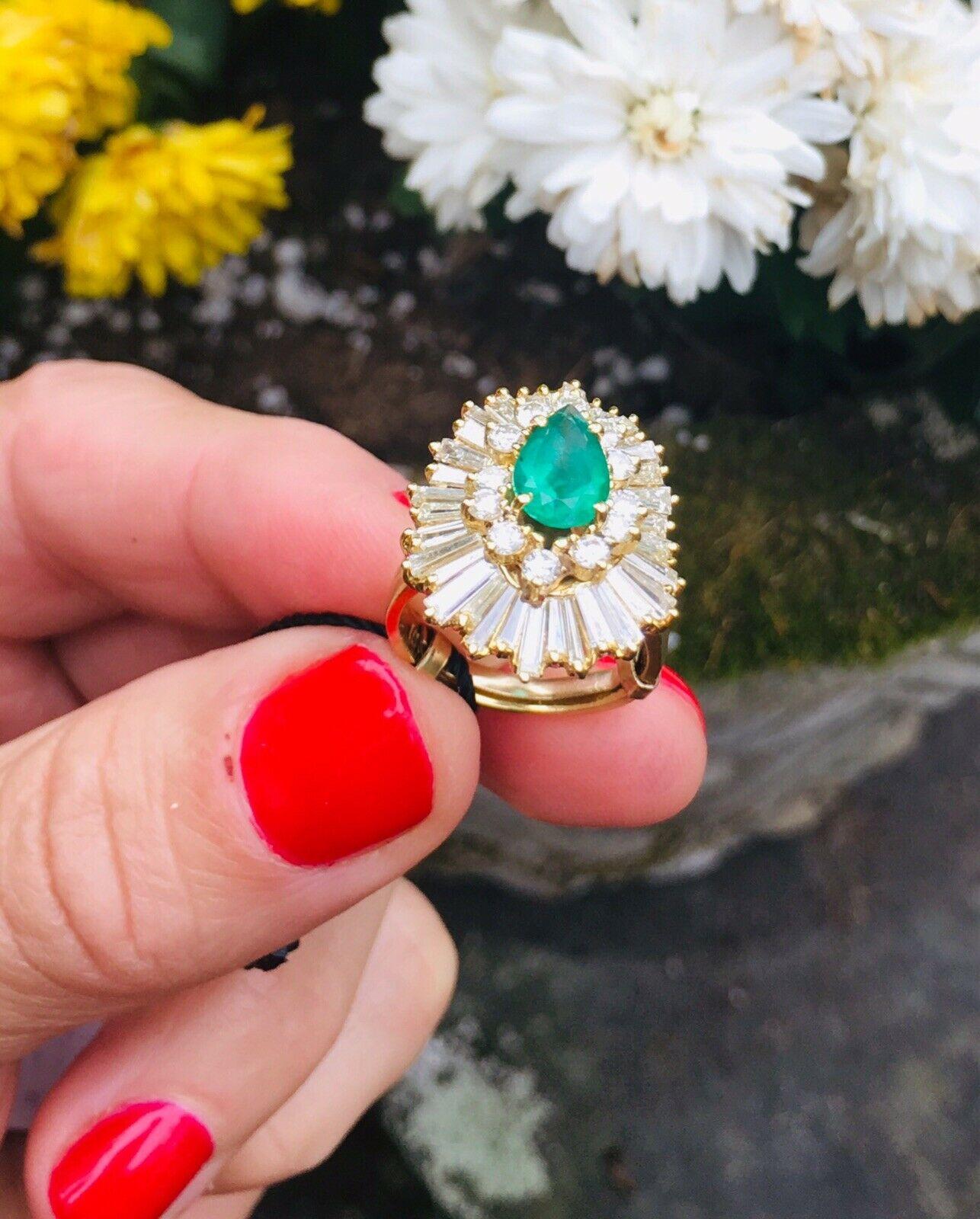 Women's Vintage Estate 3.44 Carat Diamond Halo Emerald Ballerina Cocktail Ring For Sale