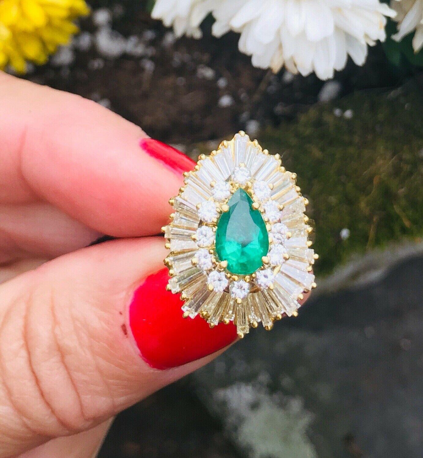 Vintage Estate 3.44 Carat Diamond Halo Emerald Ballerina Cocktail Ring For Sale 1