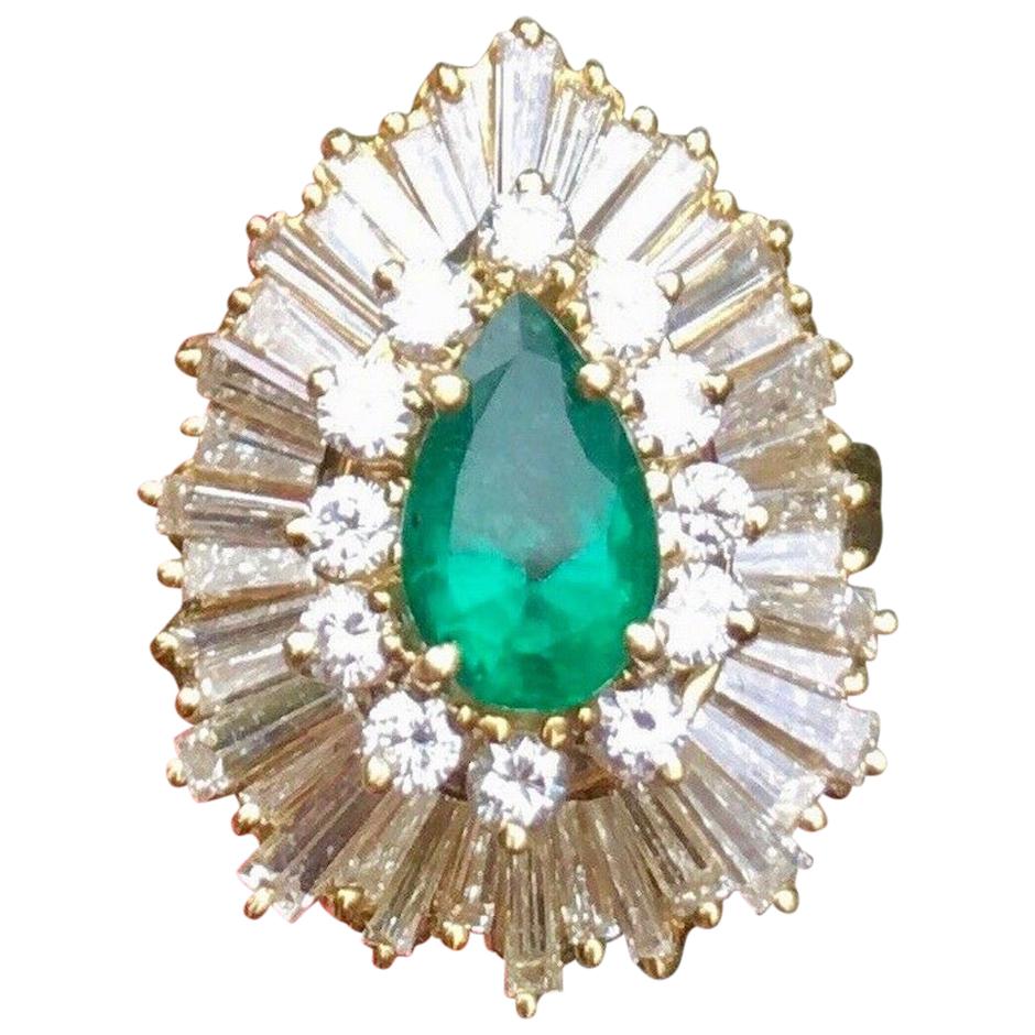Vintage Estate 3.44 Carat Diamond Halo Emerald Ballerina Cocktail Ring For Sale