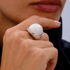 Vintage Estate 35 Carat White Coral and Diamond 18k Gold Cocktail Ring