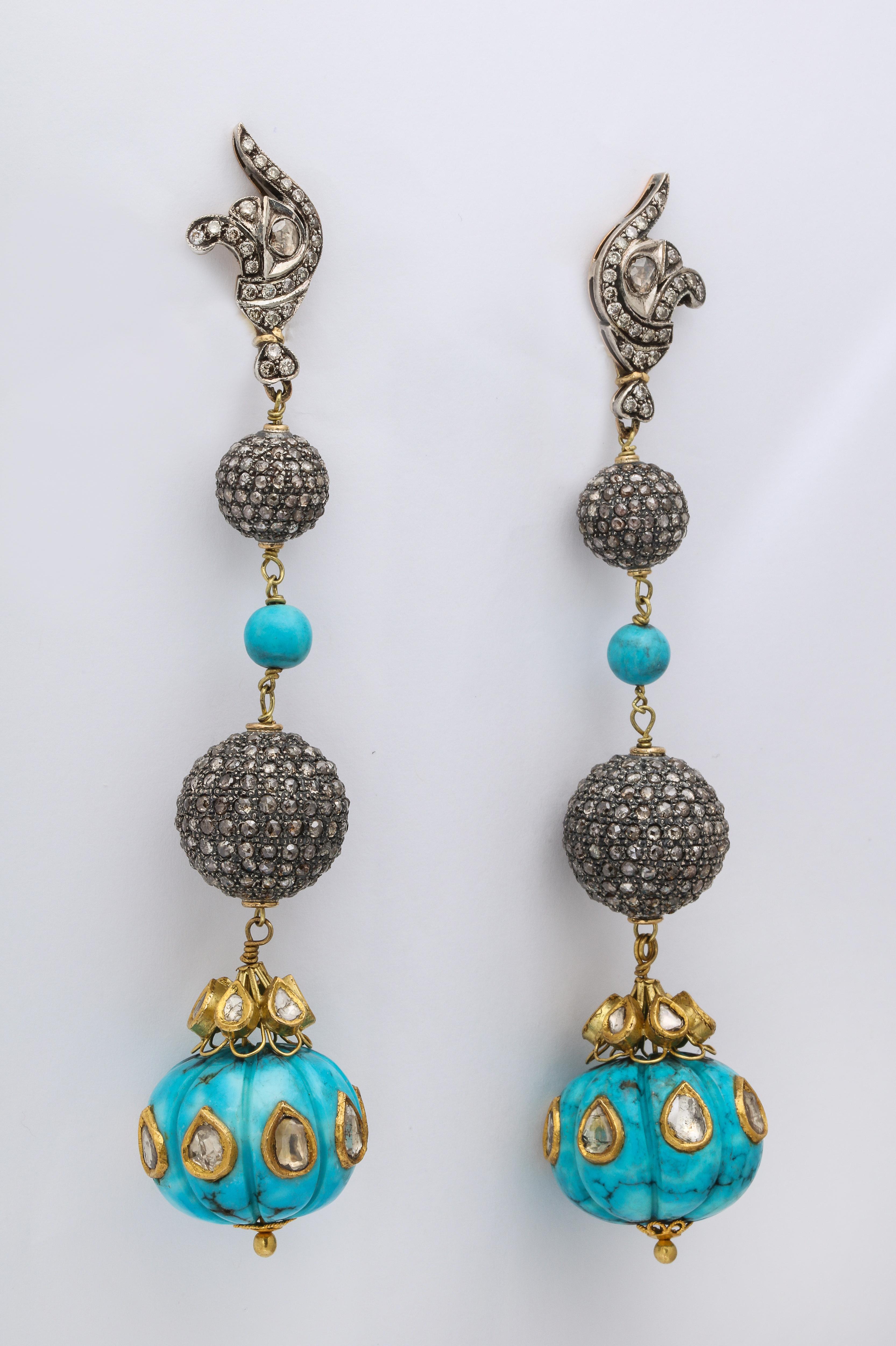 Very Elegant Estate Pair of large Turquoise Drop Earrings with Rose cut Diamonds

Total height is 4