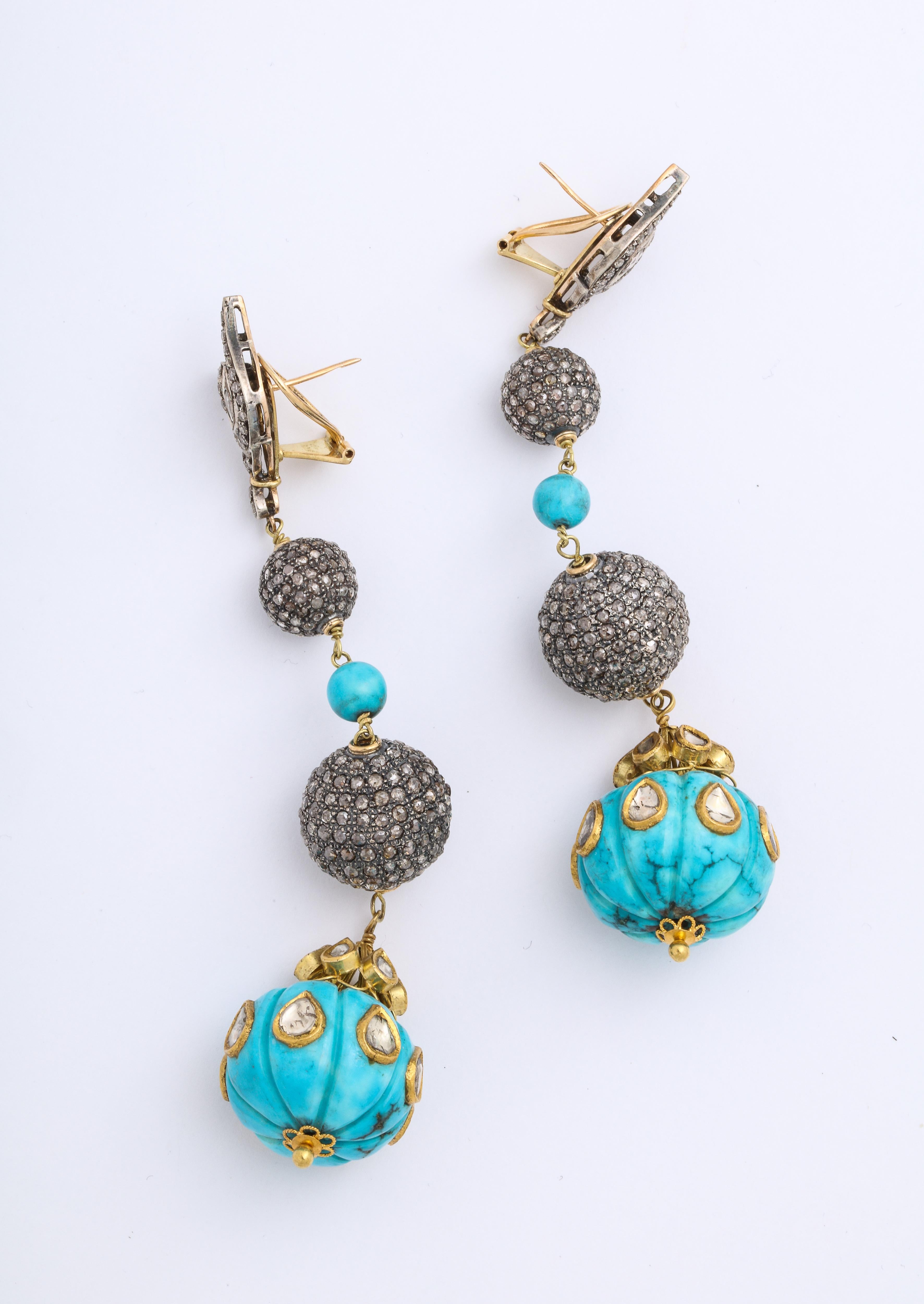 Modern Vintage Estate Drop Turquoise Earrings with Rose Cut Diamonds
