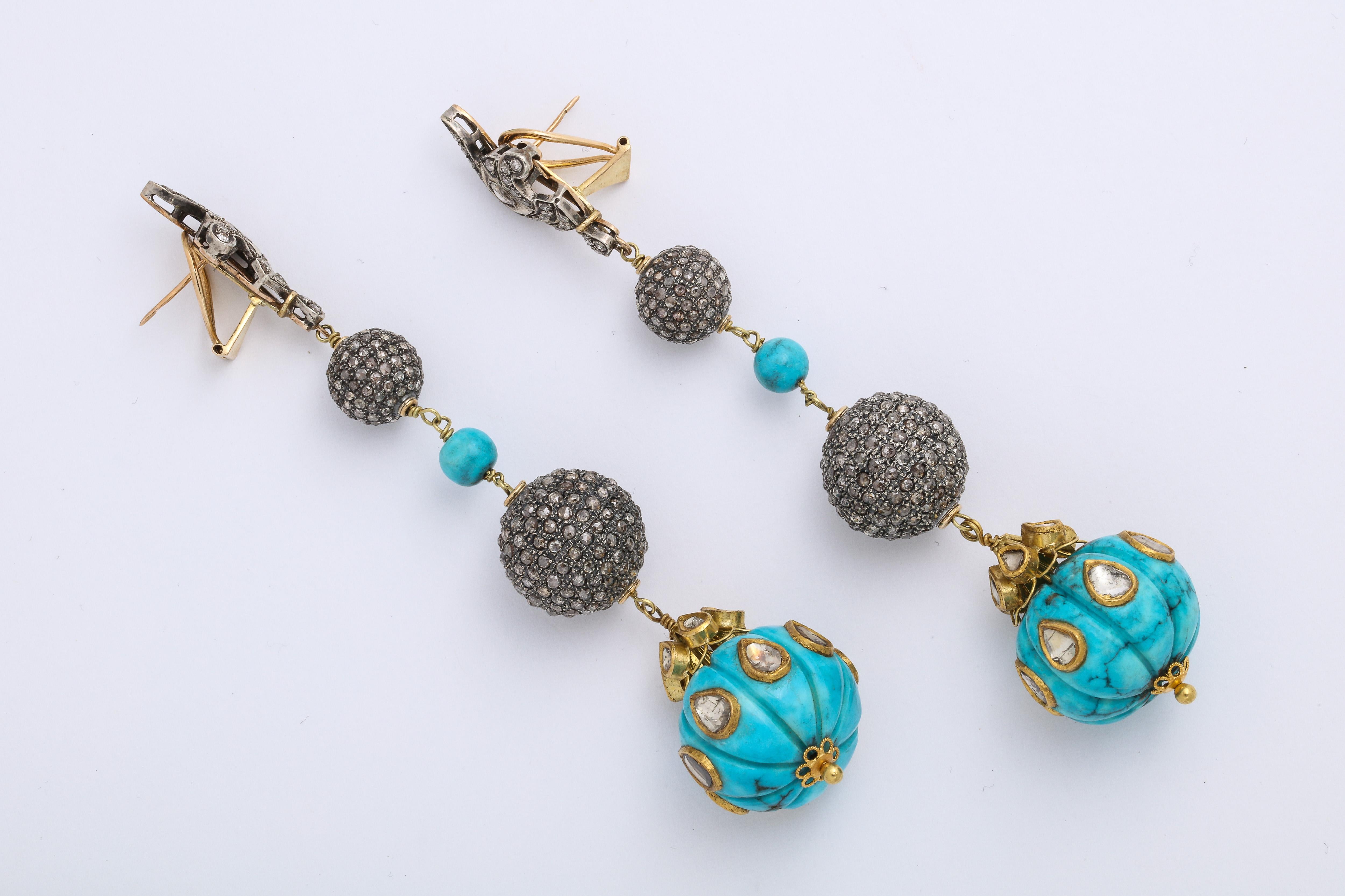 Vintage Estate Drop Turquoise Earrings with Rose Cut Diamonds In Good Condition In New York, NY