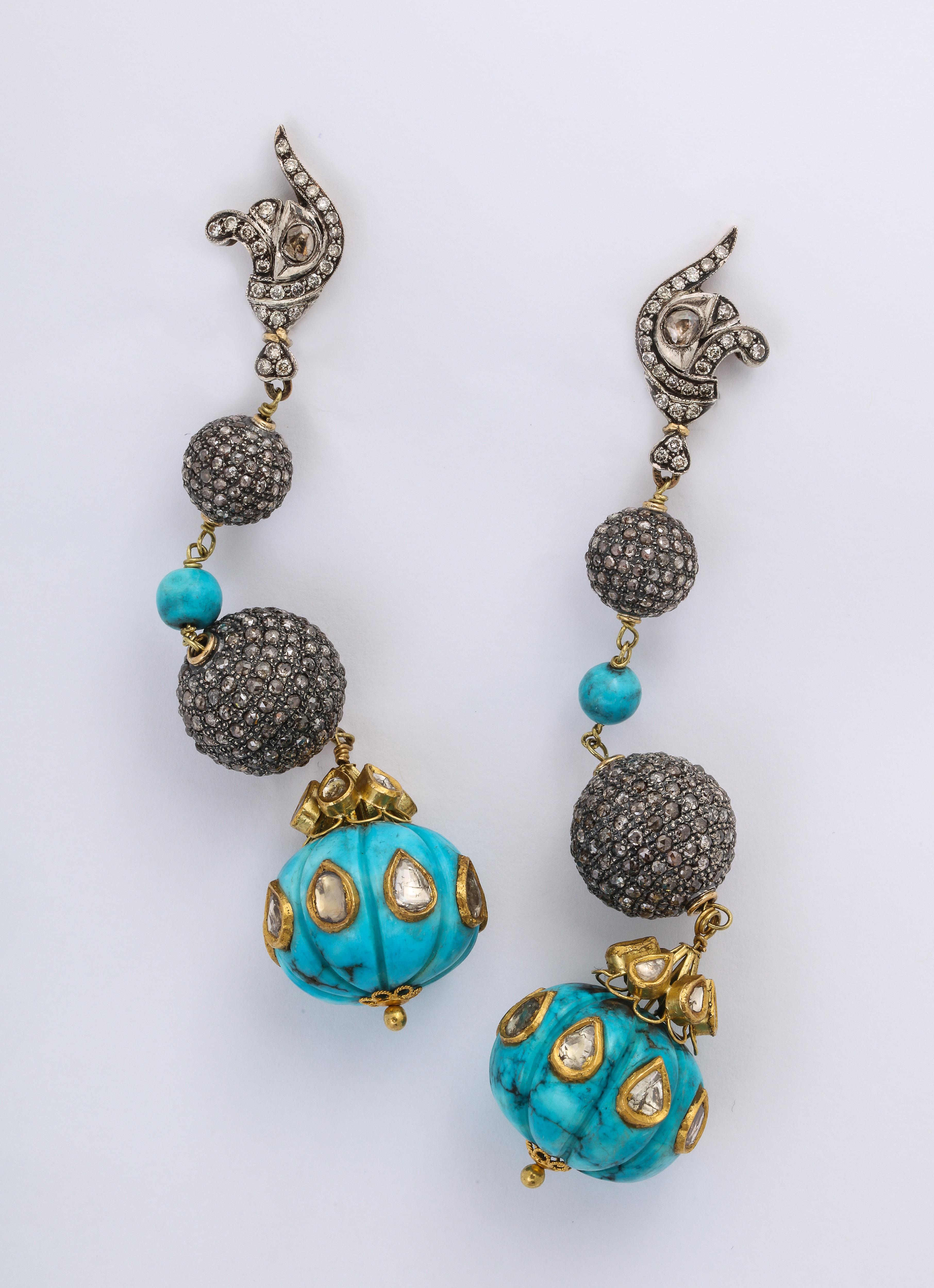 Women's or Men's Vintage Estate Drop Turquoise Earrings with Rose Cut Diamonds