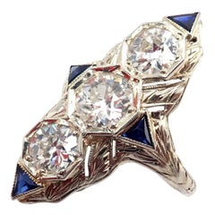 Vintage Estate Art Deco Diamond Sapphire Filigree Platinum Ring