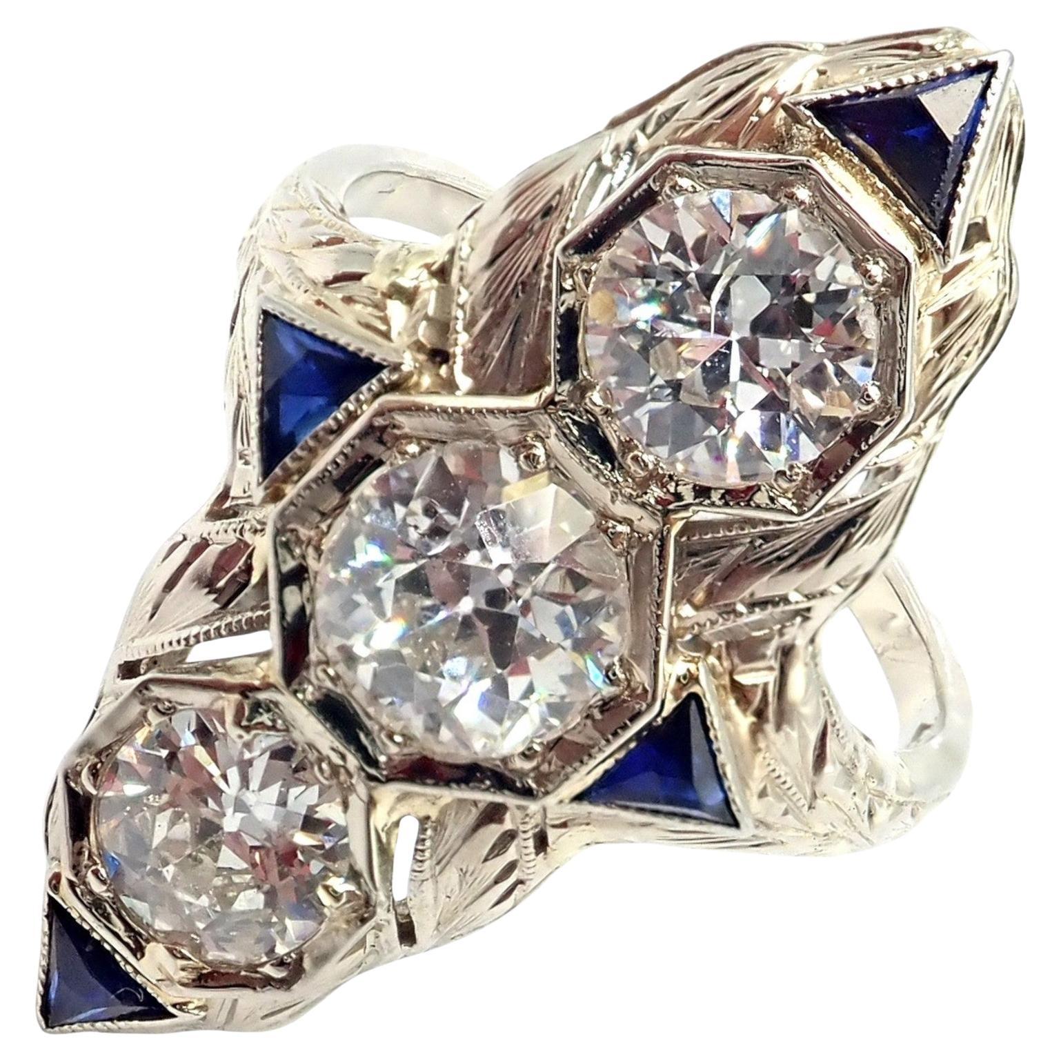 Vintage Estate Art Deco Diamant Saphir Filigran Platin Ring