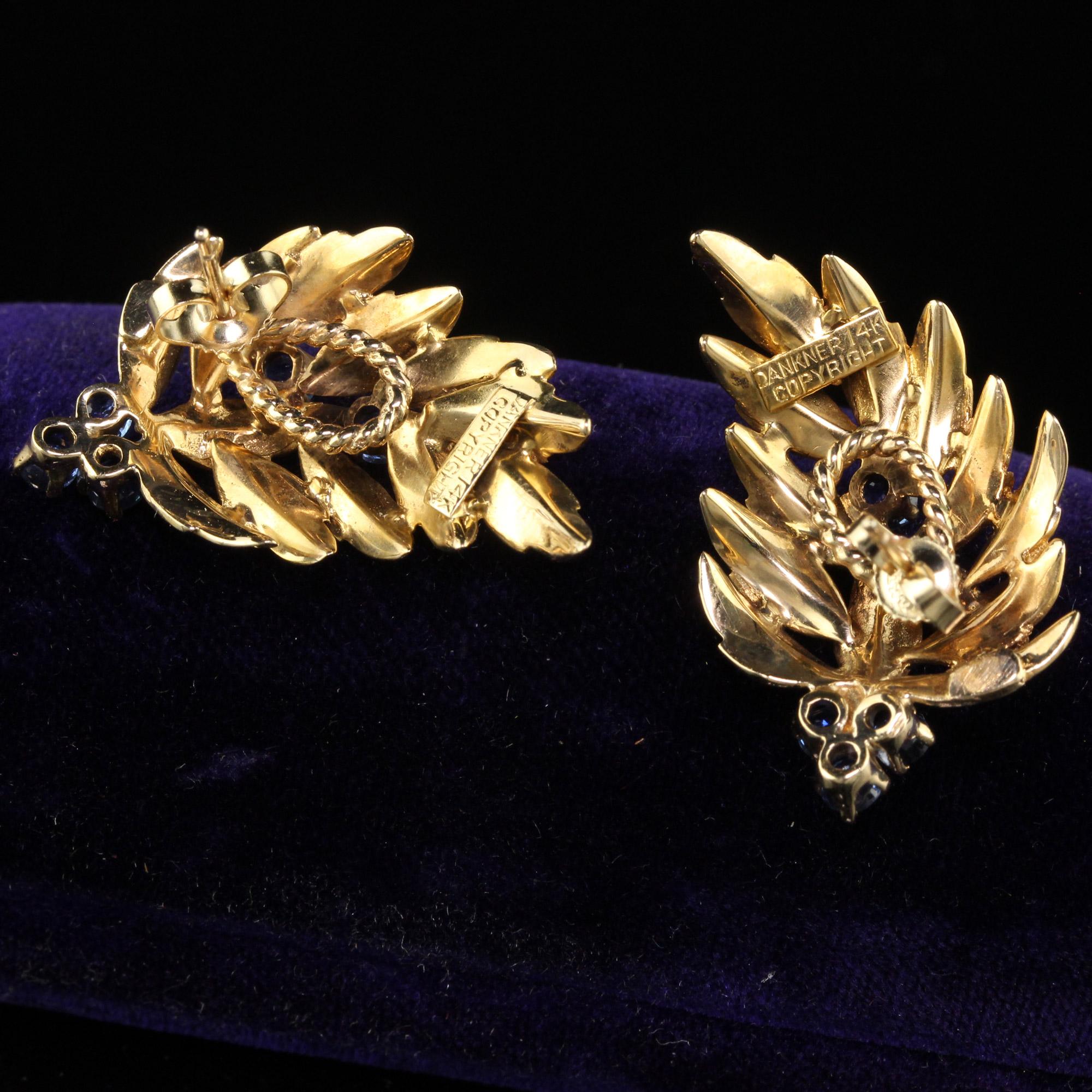 Vintage Estate Dankner 14K Gelbgold Saphir-Blatt-Ohrringe (Rundschliff)