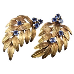 Vintage Estate Dankner 14K Yellow Gold Sapphire Leaf Earrings