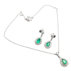 Vintage Estate Diamond Emerald Earrings And Necklace Platinum Set