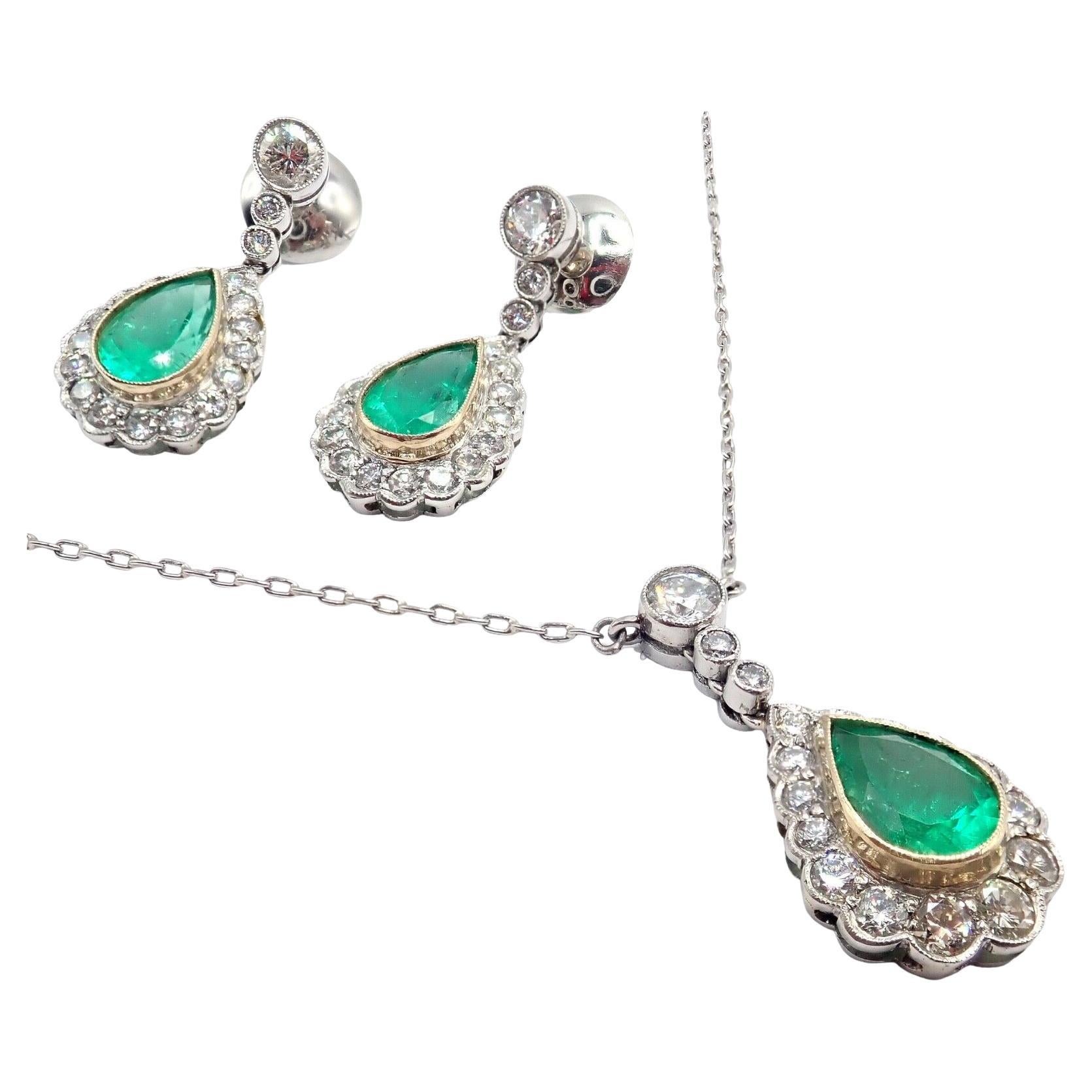 Vintage Estate Diamond Emerald Earrings And Necklace Platinum Set