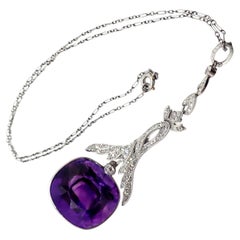 Vintage Estate Diamond Large Amethyst Art Deco Platinum Pendant Necklace
