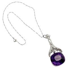 Vintage Estate Diamond Large Amethyst Art Deco Platinum Pendant Necklace